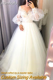 Beach Wedding Dress A-Line Long Puff Sleeve Sheer Illusion Back Lace Appliques Bride Gown Vestido De Noiva