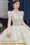 Sleeved Winter Wedding Dress 2023 New V Neck Luxury Long Sweep Train Beading Princes Wedding Gown Vestido De Noiva