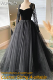 Gothic Long Sleeves Tulle Wedding Dress Lace Appliques Sweep Black Wedding Gown 2023 Sweetheart Tiered Bridal Dress