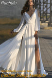 V-Neck Beach Wedding Dress Lace Appliqued Hight Split Long Sleeves Satin Chiffon Bridal Gown Robe De Mariee
