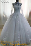 Illusion Sky Blue Quinceanera Dress Floor Length Sweet High Neck For Party Luxury Embroidery Ball Gown Prom Dress Plus Size