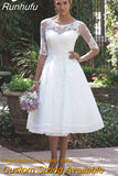 Tea-Length Short Wedding Dress Half Sleeve O-Neck Lace Appliques Elegant A-Line Tulle Bridal Gown With Button Back