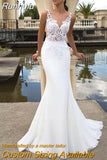 Mermaid Wedding Dresses 2023 Sheer O-Neck Sleeveless Lace Appliques Sweep Train Chiffon Bridal Gown With Button Back