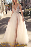 Wedding Dresses 2023 Sexy Side Split Beaded Deep V Neck Backless Bohemian Bridal Gowns Floor Length Vestido De Novia
