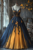 Vintage A-Line V-neck Tulle Applique Long Prom Dress Lace Evening Dress HZ1108