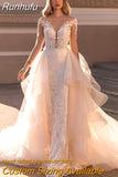 Detachable 2 In 1 Wedding Dress Embroidered Lace On Net With Train V-neck Sleeveless Vintage Bride Gowns Vestido De Novia
