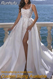Wedding Dress 3D Flower Square Neck Double Strap Satin Pleated Bridal Dress Side High Slit Saudi Arabian Wedding Party