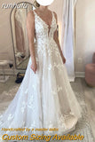 A line Wedding Dresses V-neck Custom-Made Court Train Appliques Sleeveless Bridal Gown Robe De Mariée