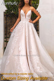 V-Neck A-Line Wedding Dresses Spaghetti Straps Lace Appliques Princess Floor Length Bridal Gowns