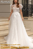 O-Neck A-line Wedding Dresses Puff Sleeve Flower Open Back Floor Length Appliques Bridal Gown Vestidos De Novia