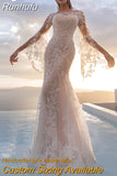 Long Flare Sleeve Lace Mermaid Wedding Dress 2023 Sheer O-Neck Gorgeous Bridal Gown With Button Back Train Custom Made