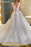 Shiny A-Line Wedding Dresses Women's 2023 Deep V-Neck Sleeveless Lace Princess Bridal Gowns Beach Formal Party Robe Customi