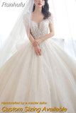 Short Sleeve Wedding Dress 2023 New Bridal Dress V Neck Beading Shinning Ball Gown Sweep Train Vestido De Noiva