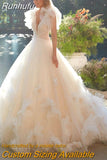 Champagne Princess Lace Flowers Beach Wedding Dresses Sexy Backless Deep V-Neck Glitter Tulle Bridal Gowns vestido de novia