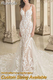 V-Neck Wedding Dress Lace Appliques Backless Sexy Mermaid Bride Gown Tulle Zipper Button Court Train Vestidos De Noiva