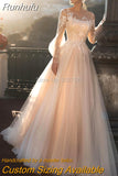 Champagne A Line Wedding Dresses with Puff Sleeves Sheer Scoop neck Lace Appliques Buttons Back Formal Bridal Gowns