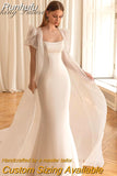 Satin Mermaid Wedding Dress Square Collar Short Cap Sleeve Bride Gown For Woman Waist Bow Illusion Beads Vestido de Novia
