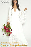 Bohemian Long Sleeves Deep V Neck Hippie Beach Wedding Gown Plus Size Wedding Dresses