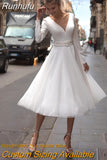 Simple Short Wedding Dress Long Sleeve Tulle Tea-Length Bridal Party Gown with Belt V-Neck A-Line Button Custom Made
