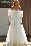 Sweetheart Satin Wedding Dresses Long Puff Sleeves Bridal Gowns Custom Made Robe De Mariée