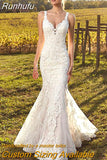 V-Neck Wedding Dress Mermaid For Bride Sexy Sleeveless Lace Bride Gown Buttons Pleats Illusion Back Vestido De Novia