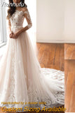Elegant 3/4 Sleeve Wedding Dress 2023 A-Line Lace Appliques Button Belt Train Tulle Bridal Gown Vestidos De Noiva