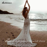 Plunging V Bohemian Mermaid Wedding dress Lace Champagne Bridal Gown Vintage Backless Spaghetti Straps Dress