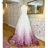 Halter Neck Chiffon A Line Floral Print Wedding Dress 2023 Pleats Garden Wedding Gowns for Bridal Robe De Mariée