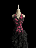 Vintage Ball Gown Halter Black Beaded Long Prom Dress Party Dress Graduation Dresses Evening Gowns HZ1214