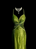 Vintage Mermaid Spaghetti Straps Green Backless Sequin Long Prom Dress Party Dress Graduation Dresses HZ1214