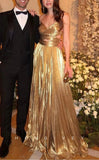 Simple A Line Spaghetti Straps Gold Night Dinner Evening Dresses Formal Summer Wedding Guest Dresses With Scarf Wedding Guest Outfits HZ1214