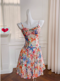 Sexy A line Spaghetti Straps Floral Chiffon Short Homecoming Dress Summer Hoco Dresses Cocktail Dress Birthday Outfits HZ1214