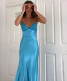Elegant Blue?? Spaghetti Strap Mermaid Gown for Prom&Party Sleeveless Satin Vintage Formal Evening Dress HZ1108