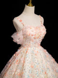 Pink A-line Spaghetti Straps Lace Tulle Flowers Sweetheart Long Prom Dress, Pink Off Shoulder Sweet 16 Dress HZ1108