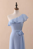 Periwinkle A-Line One-Shoulder Ruffled Chiffon Long Bridesmaid Dress Prom Dress HZ1108