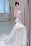 Ivory Strapless Mermaid Wedding Dresses, Tulle Satin Tender Sleeveless Bridal Gowns HZ1108