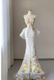 White Wedding Dress Elegant Mermaid Strapless Tulle Lace Long Prom Dress Applique Evening Dress HZ1108