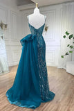Sky Blue Elegant Mermaid Spaghetti Strap Tulle Beading Long Prom Dress HZ1108