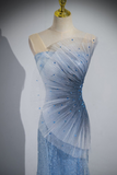 Blue Mermaid Sequin Sheer Straps Scalloped Long Prom Dress HZ1108
