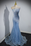 Blue Mermaid Sequin Sheer Straps Scalloped Long Prom Dress HZ1108