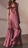 Pink V-Neck Chiffon Pleated Sleeveless Back Zippered Long Prom Dress Beautiful Party Dress HZ1108