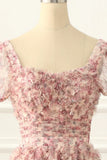 Pink A-line Tulle Pleated Floral Long Prom Dress Adult Ceremony Graduation Prom Dress HZ1108