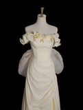 Light Yellow A-line Satin Off-shoulder Tulle Long Prom Dress Graduation Prom Dress Wedding Dress HZ1108