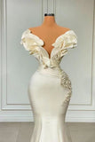 Classic White Mermaid V-neck Satin Pearl Ruffle Long Prom Dress Elegant Evening Dress HZ1108