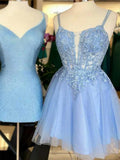 A-Line Blue Spaghetti Strap Tulle Beaded Short Prom Dress, Cute Applique Homecoming Dress HZ1108
