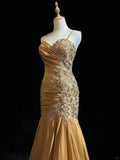 Vintage Green Mermaid Spaghetti Strap Satin Beaded Sequin Long Prom Dress Sweetheart Neck Evening Dress HZ1108