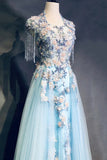 Modest Sky Blue A-Line Tulle Beading Embroidery Appliques Long Prom Dress Pageant Gown HZ1108