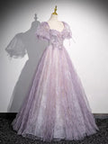 Sweet Lilac A-Line Sweetheart Tulle Beaded Long Prom Dress Puffy Sleeves Graduation Dress HZ1108