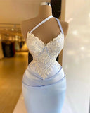 Mermaid One Shoulder Satin Beaded Long Prom Dress Sequin Appliqu¨¦ Evening Dress HZ1108