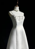 A-Line Spaghetti Strap Beaded Satin Long Prom Dress White Wedding Dress Graduation Prom Dress HZ1108